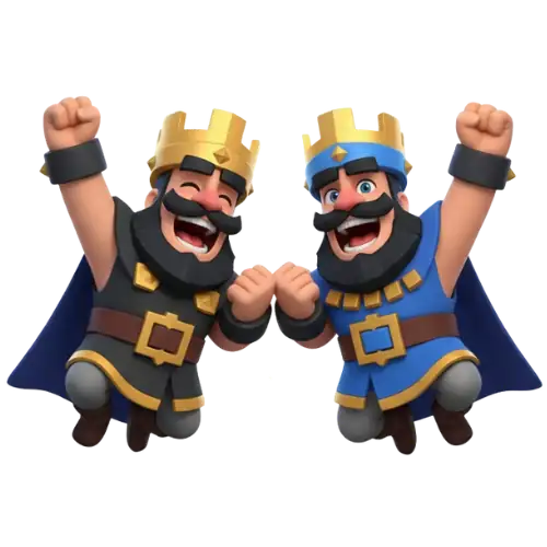Reyes de Clash Royale celebrando victoria con mazos optimizados